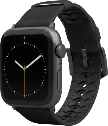 Vulcan Obsidian Black Leather Apple Watch Band with gray hardware viewed front on