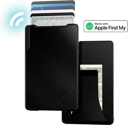 Groove Smart Wallet Trace with cards fanned out and the Works with Apple Find My badge